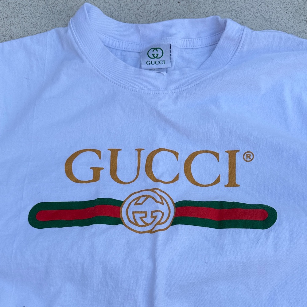 White Tee with Gold and Green Gucci Logo